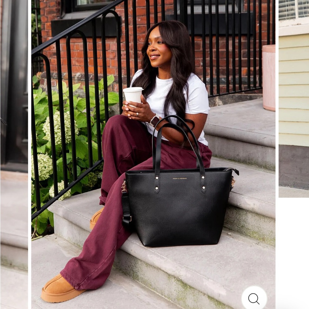 Poppy & Peonies Black Leather Tote with Minimalist Design - Picture 15 of 16